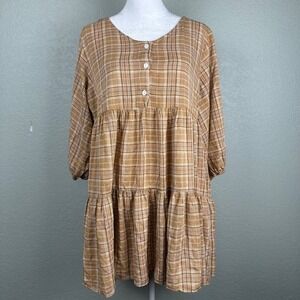 For Good Dress Women L Plaid Tiered Tunic Babydoll Button Front Cottagecore Boho